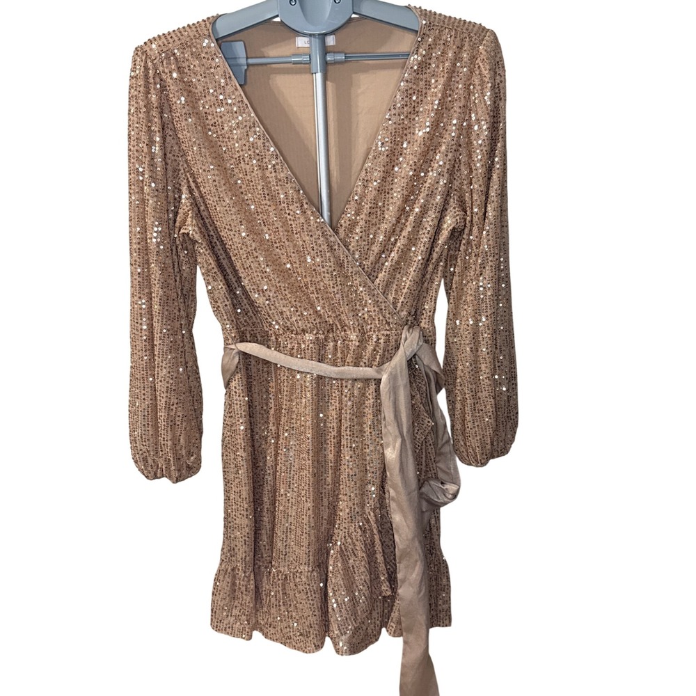 Lauren Conrad Rose Gold Sequin Wrap Mini Dress Long Sleeve Ruffle Hem Large